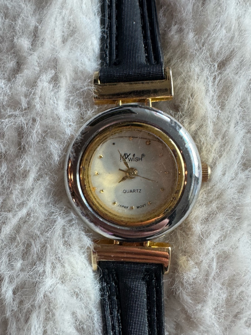 Vintage My Wish Collection Two Tone Round Watch Black Leather Strap Japan Movt